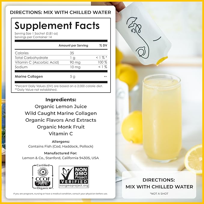LEMON &amp CO. Liquid Collagen for Women | Collagen Water Mix with 5000mg Marine Collagen Peptides Organic Lemons &amp Vitamin C | Daily Elixir for Skin Nails Hair Gut | No Preservatives No Sug
