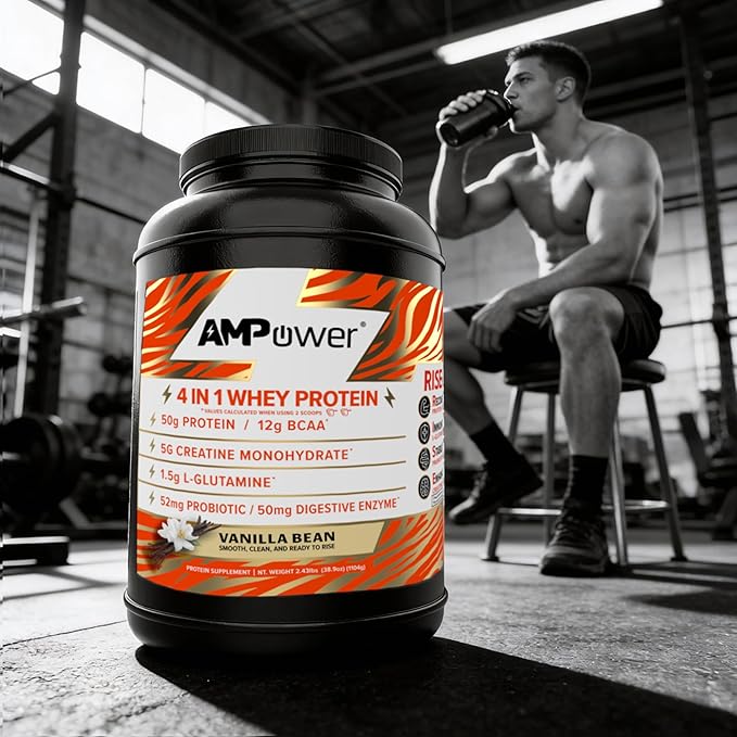 Vanilla Bean Whey Protein Powder | Scientifically-Designed Optimum Muscle Stack Gut Brain Immune | Protein BCAA Creatine L-Glutamine Probiotics Digestive Enzymes | 38.9oz
