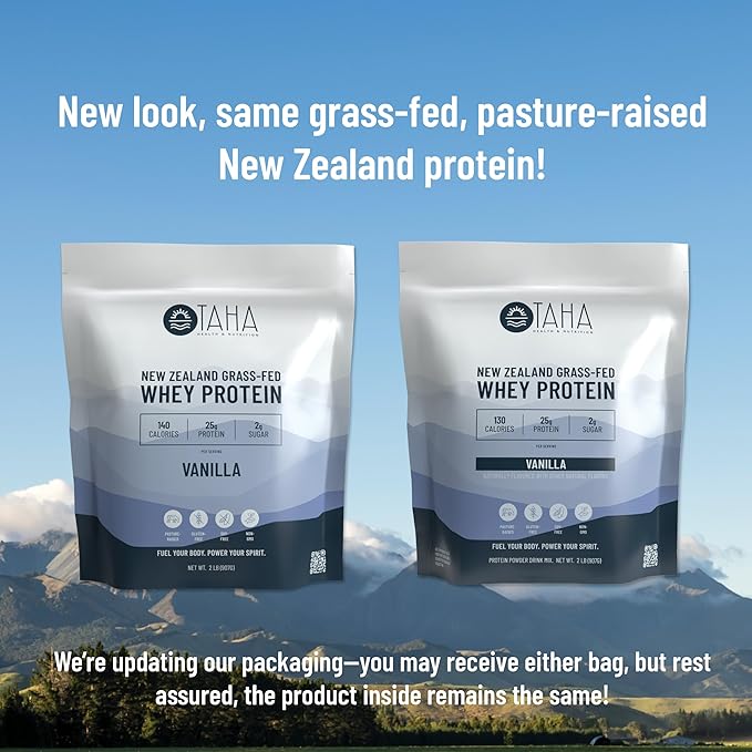 Taha Health &amp Nutrition Vanilla Flavored Whey Protein Concentrate Powder 25g Protein 140 Calories 2g Sugar | New Zealand Grass-Fed Free-Range Dairy | Gluten and Soy Free Keto Kosher | 2LB