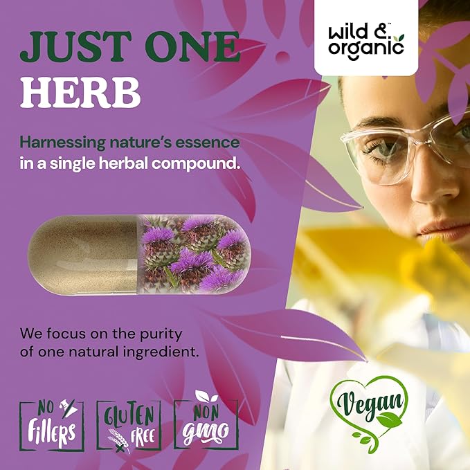 Wild &amp Organic Milk Thistle Capsules 1000mg - Liver Supplement - Silymarin Milk Thistle Seeds Powder for Liver Support - 180 Vegan Capsules - 3-Month Supply - No Fillers Non-GMO