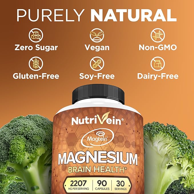 Nutrivein Premium Magtein Magnesium L-Threonate Supplement 2207 mg - 90 Caps (3 a Day): High-Absorption Magnesium Threonate for Brain Sleep Mood &amp Recovery