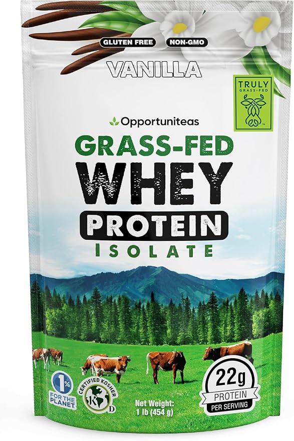 Opportuniteas Grass Fed Vanilla Whey Protein Isolate Powder - 22g Protein Powder Without Artificial Sweeteners Hormone-Free Cows Non GMO - 1lb