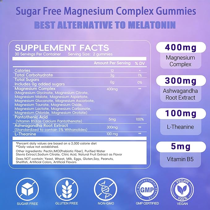 Magnesium Sleep Gummies 400mg – Calm Magnesium Complex Gummies for Sleep Support &amp Relaxation with L-Theanine &amp Ashwagandha – Non Melatonin Sugar Free Vegan 60 Count