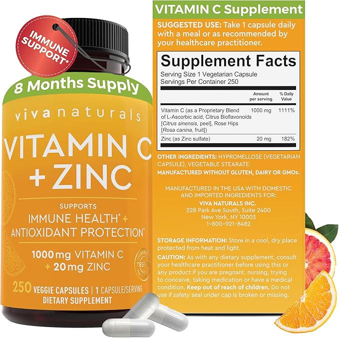Viva Naturals Vitamin C and Zinc Supplement (250 Capsules) - 1000 mg Vitamin C with Zinc 20 mg Antioxidant Supplements for Immune Support Vitamin Supplement for Adults