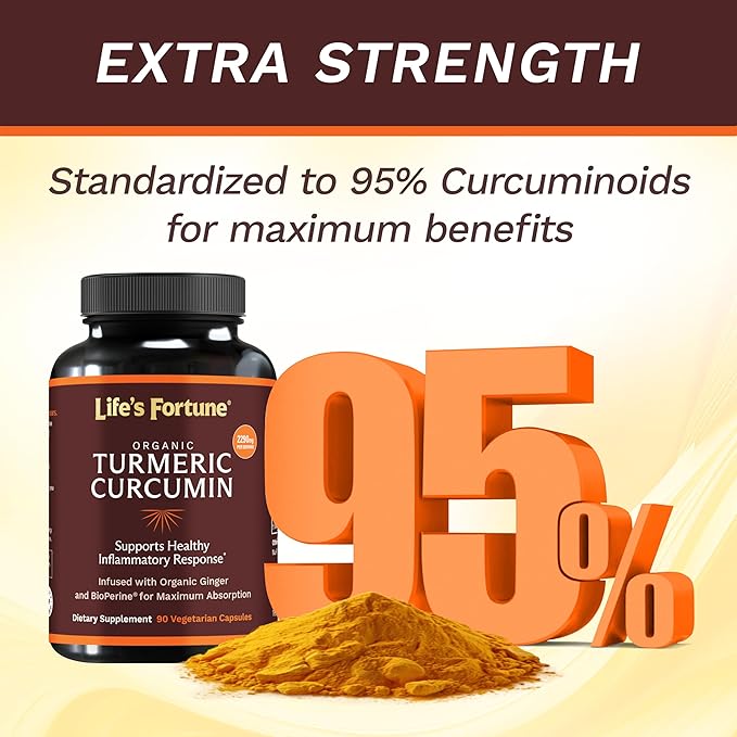 Life's Fortune Organic Turmeric Curcumin with Black Pepper and Ginger Enhanced Absorption Extra Strength Supplement Joint &amp Immune Support Non-GMO 90 Cap - 2250mg