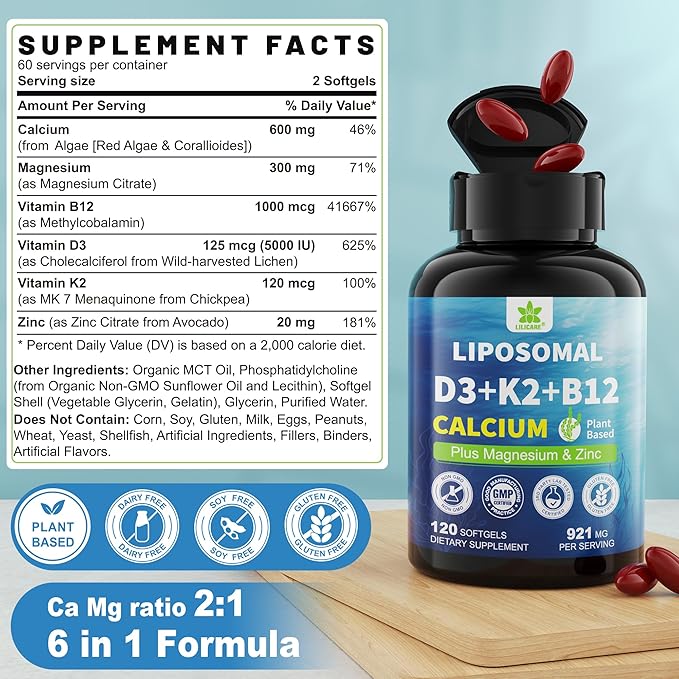 6-in-1 Plant Based Calcium Supplements for Women Men- Calcium 600mg w/ D3 K2 5000 IU Vitamin Liposomal &amp Algae Ca-lcium Magnesium Zinc + Vegan Vitamin D 5000 IU + K2 MK7 + Methyl B12 for Bone 1