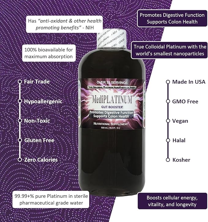 MediPLATINUM Gut Booster True Colloidal Platinum PtNP Nutritional Supplement - 500 mL (16.9 Fl Oz) in Clear BPA-Free Plastic Bottle