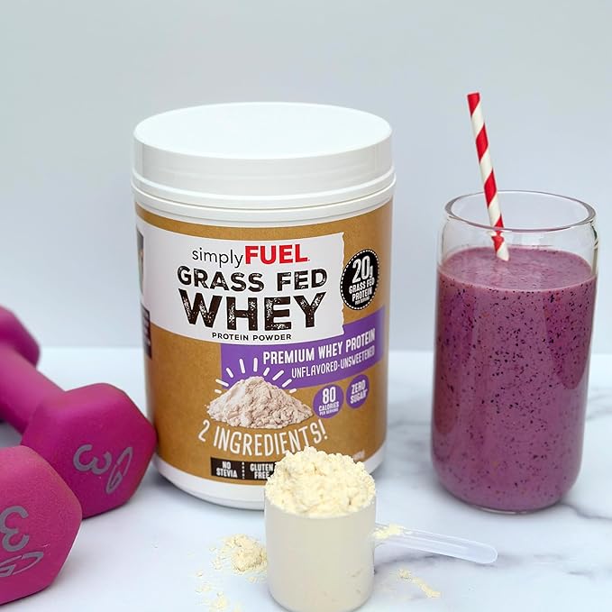 simplyFUEL 100% Grass-Fed Whey Protein Powder Unflavored Unsweetened Zero Sugar or Carbs Clean Gluten-Free Protein 20 g Protein per Serving 1 lb