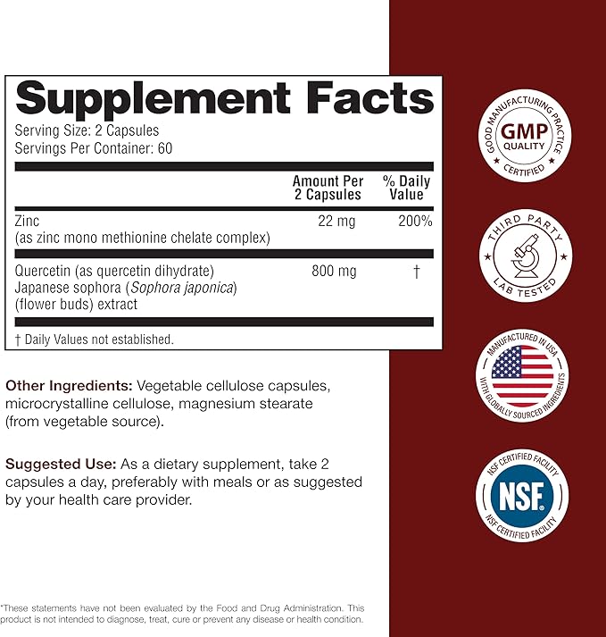 Sandhu's Zinc Quercetin 120 Vegetarian Capsules (Pack of 2) | High Absorption Zink Supplements for Immunity and Seasonal Allergy | Antioxidant Immune Support for Men and Women | Easy to Swallow