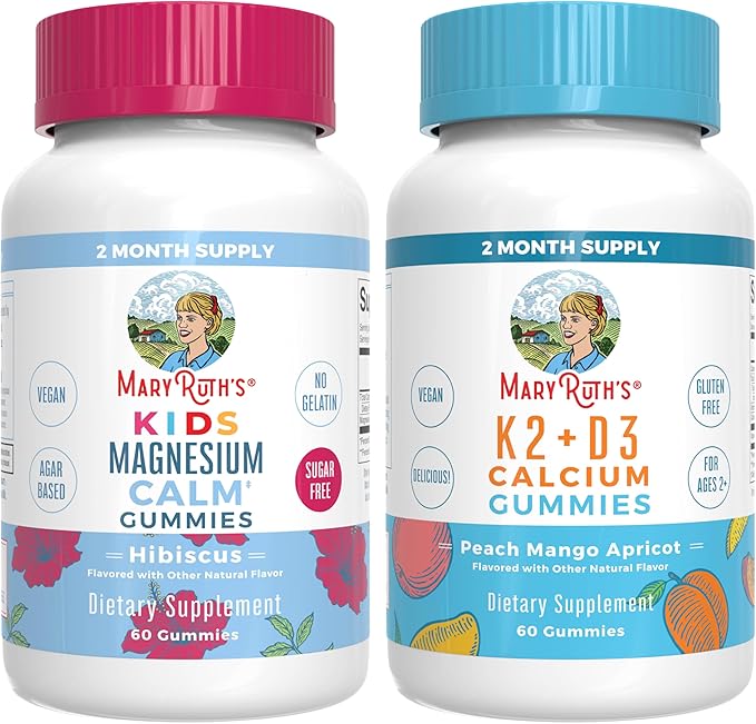 MaryRuth's Kids Magnesium Calm Gummies (Hibiscus) &amp Vitamin K2+D3 Gummies (Peach Mango &amp Apricot) | No Gelatin! | Vitamins for Sleep Bone Support &amp Overall Health | Vegan Non-GMO Glute