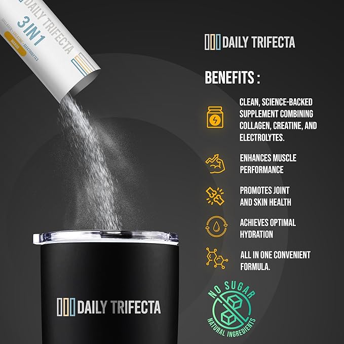 DAILY TRIFECTA 3-in-1 Collagen Creatine &amp Electrolyte Stick Packs | Type I Collagen Creatine Monohydrate Zero Sugar | 30 Natural Single-Serve Packets | Strength Hydration &amp Recovery (Grape