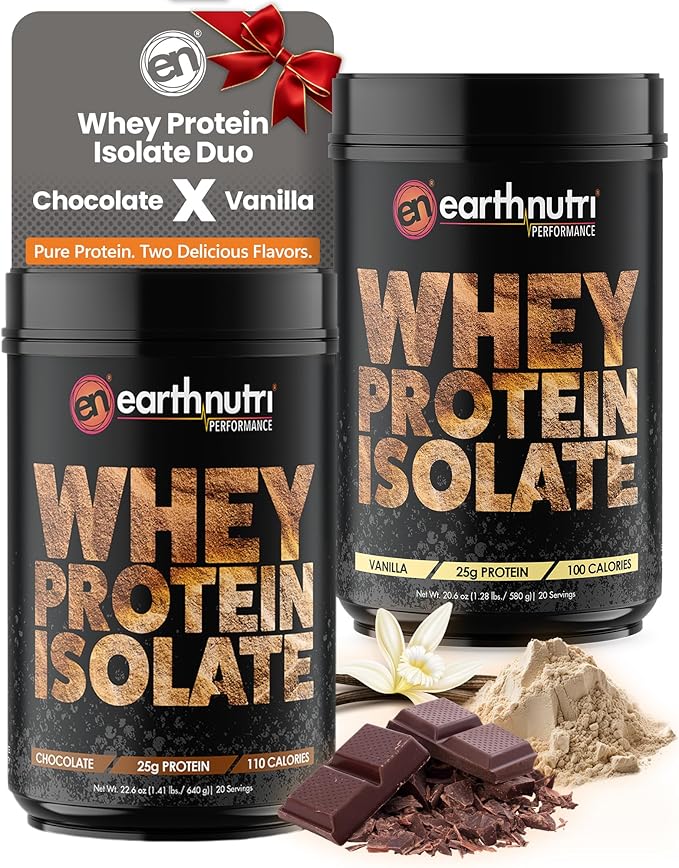EarthNutri Whey Isolate Protein Powder Bundle – Pure Whey Isolate for Strength &amp Performance – Post Workout with 25g Protein per Serving – Non-GMO Gluten-Free – Vanilla &amp Chocolate – 20 Servi