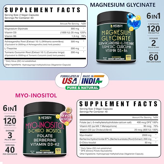 Bundle 6in1 Magnesium Glycinate Ashwagandha 120 Count &amp 6in1 Myo-inositol &amp D-Chiro Inositol Supplement for Women 120 Count - Restful Night Relaxation Heart &amp Overall Health