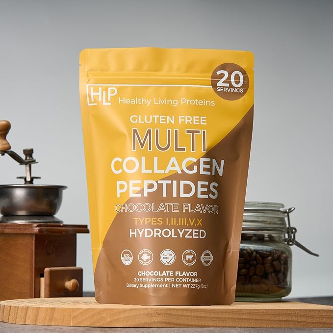 Healthy Living Proteins - Hydrolyzed Multi Collagen Peptides Powder Types I II III V &amp X - Grass Fed Bovine Wild Caught Marine Free Range Chicken - Gluten Free (Chocolate 8 oz)