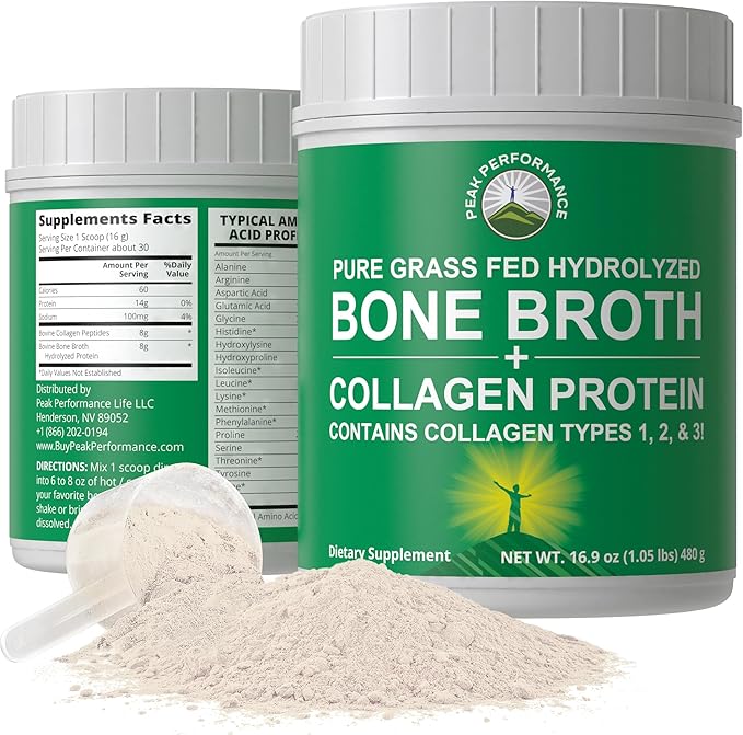 Peak Performance Hydrolyzed Bone Broth + Collagen Unflavored Protein Peptides Powder - Contains All Collagen Types: 1 2 and 3 - Pure Pasture Raised Grass Fed Paleo Friendly Gluten + Dairy Free