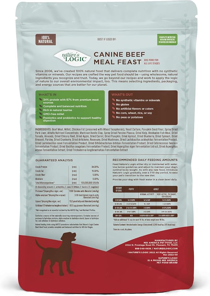 Nature's Logic Dry Dog Food - 100% Natural - No Synthetics - For All Ages Sizes Breeds - Free From Common Allergens High Protein - Beef Meal Feast 4.4lbs