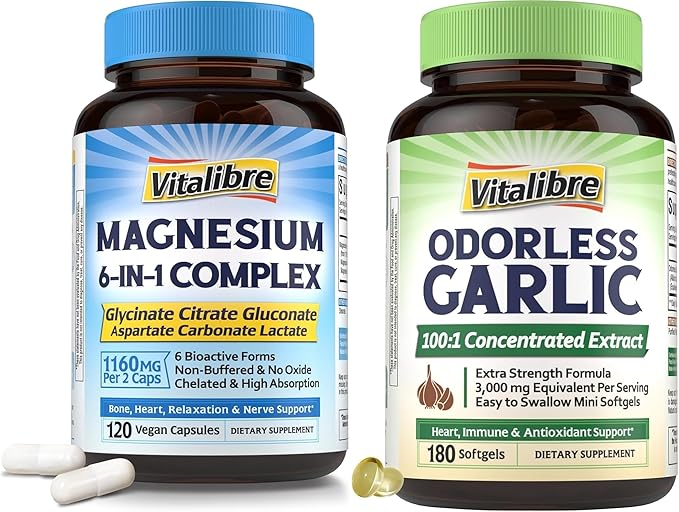 6 in 1 Magnesium Complex Supplement 120ct and 3000mg Equivalent Per Serving Odorless Garlic 180ct
