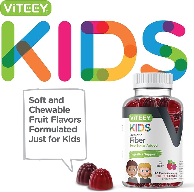 Viteey Prebiotic Kids Fiber for Constipation Relief Digestive Health Regularity Support Natural Weight Support - Fiber 4g Zero Sugar Added Vegan Gluten Free - Tasty Chewable Fruit Flavored Gummy