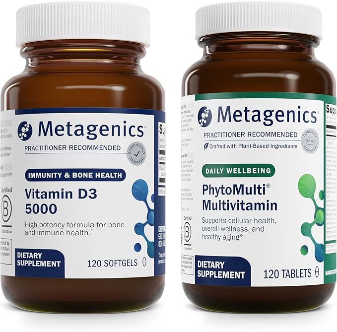 Metagenics Bundle - D3 5000 &amp PhytoMulti Without Iron - 120 Softgels of D3 5000 for Immune Support Bone Health &amp Heart Health - 120 Tablets of PhytoMulti Without Iron for Overall Health &amp