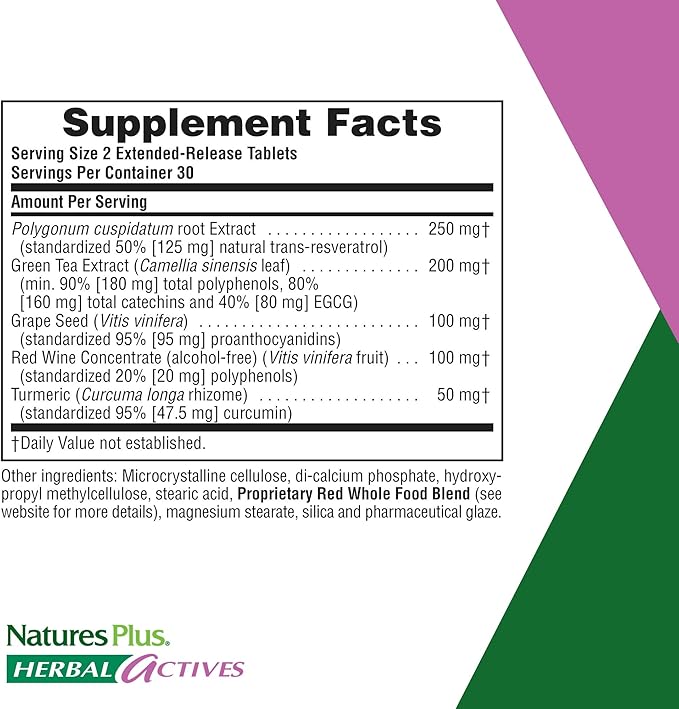 NaturesPlus Herbal Actives Resveratrol Extended Release - 60 Tablets - Vegetarian Gluten Free - 30 Servings