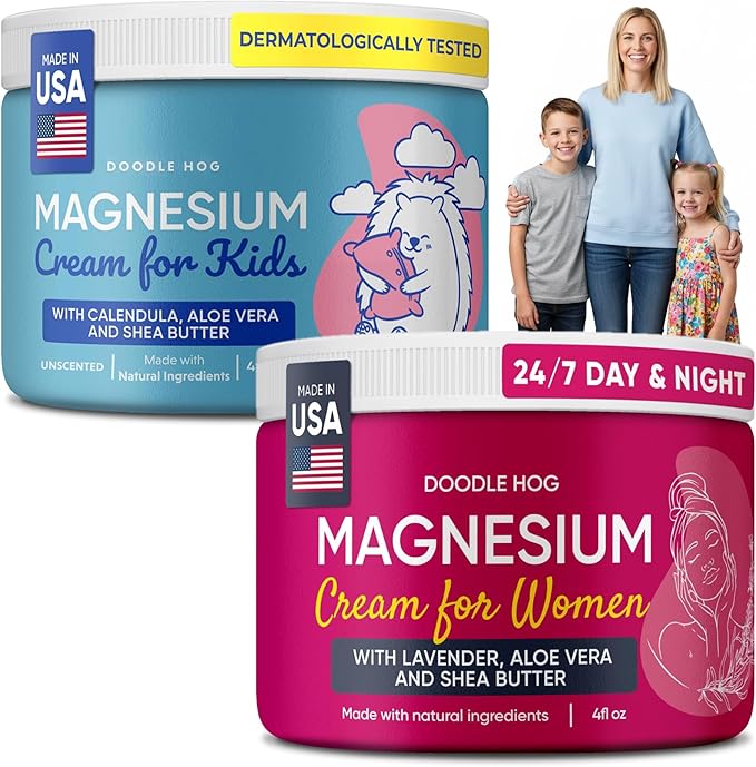 DOODLE HOG Mom &amp Child Magnesium Cream Bundle - Unscented &amp Lavender Lotion with Calendula Aloe Vera Shea Butter- Topical Magnesium Cream for Sleep - USA Made