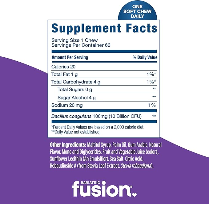 Bariatric Fusion Probiotic Soft Chews | Grape Flavor Chewy Bariatric Vitamin | 10 Billion CFU | Bacillus Coagulans | Support Digestive &amp Immune Health | 60 Count