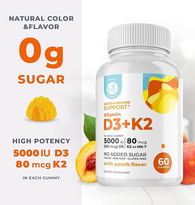 DR. MORITZ Vitamin D3 Gummies (5000 IU) with K2 - for Adults and Kids - Vitamin D3 K2 Gummies for Immune Support &amp Bone Health - Vegan Sugar Free Gluten Free (60 Count)