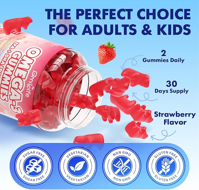 2 Pack Vegan Omega 3 Gummies 1000mg+CoQ10+Magnesium - w/Algae EPA 600mg &amp DHA 400mg Fish Oil Omega-3 Supplements Alternative for Adults for Brain Eye Immune Health Strawberry Flavor 120 Coun