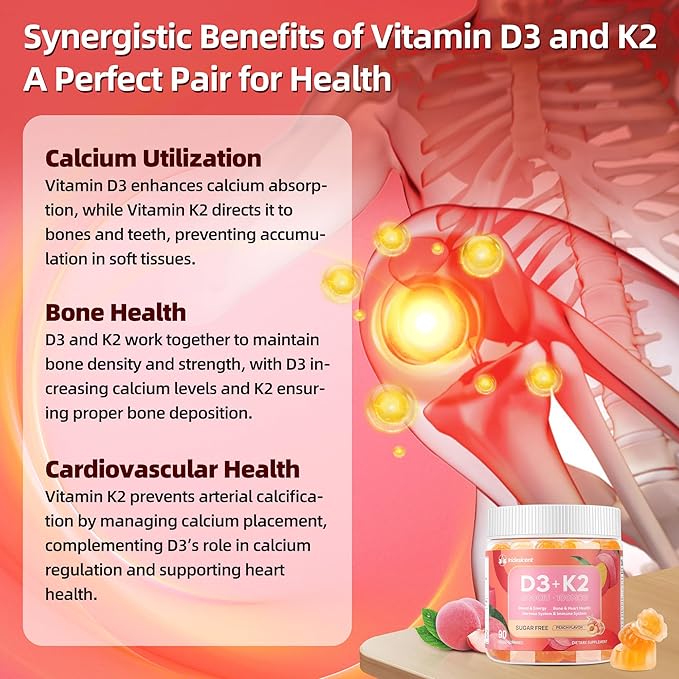 Vitamin D3 K2 Gummies w/Magnesium Sugar Free - 90 Count | D3 Vitamin 5000 IU + K2(MK-7) 100 mcg - Vegan K2 D3 Vitamin Supplement Highly Absorbent Supports Bone Muscle Mood &amp Immune(Peach Flavo