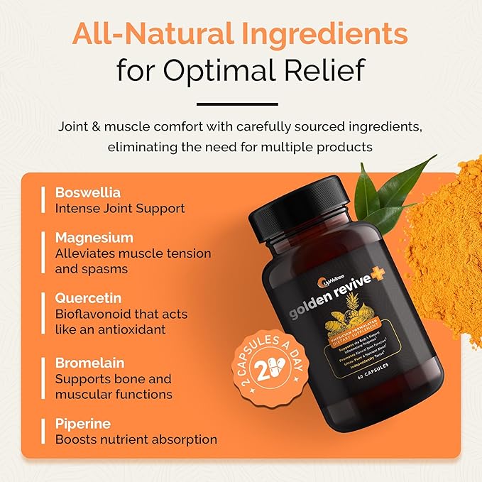 UpWellness Golden Revive + Joint Support Supplement Featuring Turmeric with Black Pepper Quercetin and Magnesium- Turmeric Boswellia Supplement - 6 Active Ingredients for Joint Care - 60 Capsules