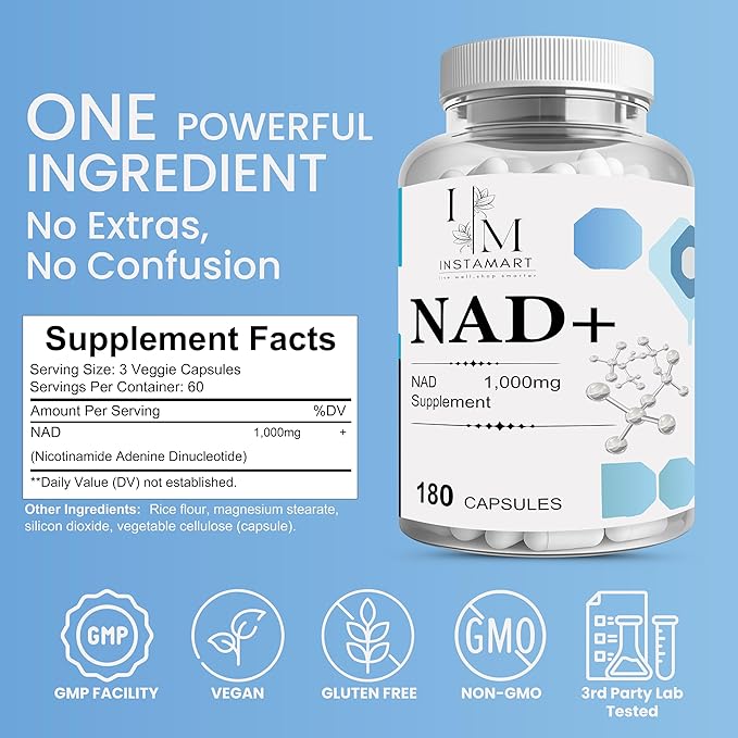 INSTAMART NAD Supplements for Women &amp Men (180 Capsules) Organic NAD + Supplement 1000mg Serving | Similar to Nicotinamide Riboside | Advanced Formula for Cellular Health Stamina &amp Healthy Ag