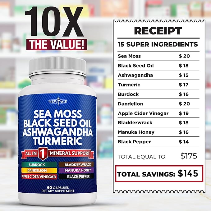 NEW AGE Sea Moss Black Seed Oil Ashwagandha Turmeric Bladderwrack Burdock - with Manuka Honey Dandelion ACV Black Pepper Gluten Free