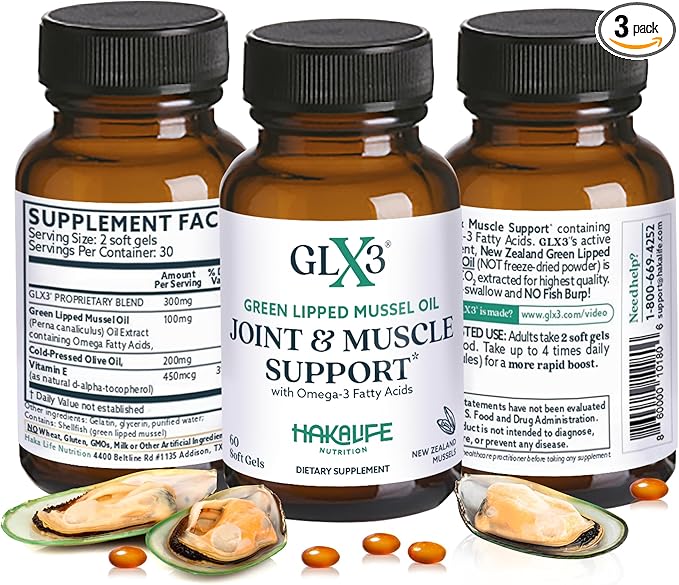 GLX3 Extra Strength Green Lipped Mussel Oil Capsules - Long-Lasting Joint Comfort Supplement - Support for Aches Soreness - Naturally Rich in Omega 3 &amp Chondroitin Sulfate 180 Tablets