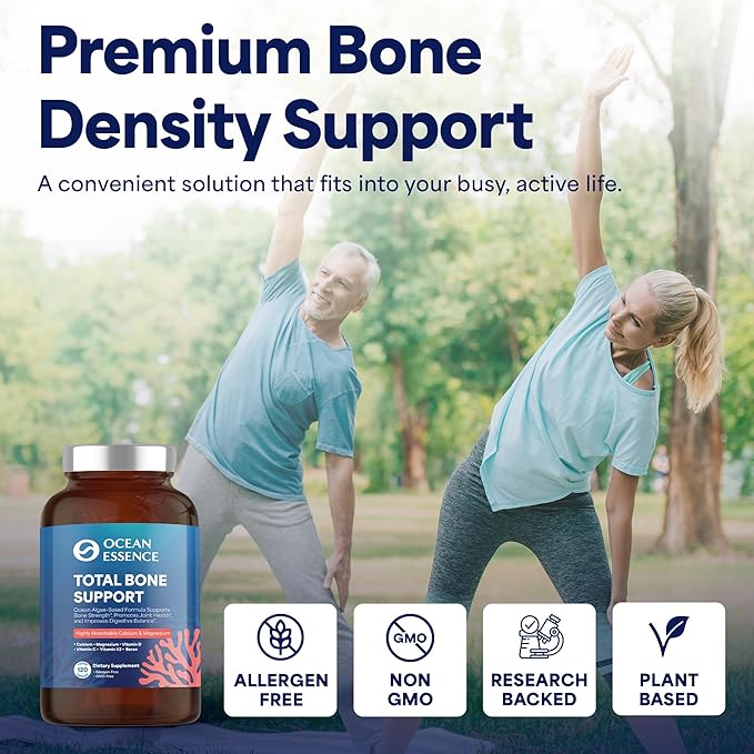OCEAN ESSENCE Total Bone Support - Plant-Based Algae Calcium Supplement for Supporting Bone Density &amp Strength - for Men &amp Women 35+ - 120 Natural Calcium Capsules - Vitamins for Optimal Healt