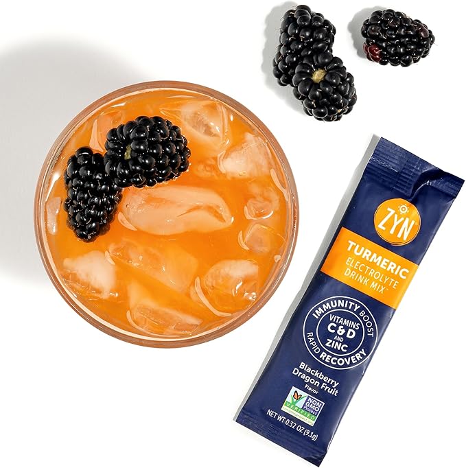 ZYN Electrolyte Drink Mix Hydration Packets BlackBerry Dragonfruit Electrolytes Powder Hydration Packets w/Turmeric Curcumin Vitamin C &amp D Zinc Hydrate &amp Recover Electrolyte Powder Pack