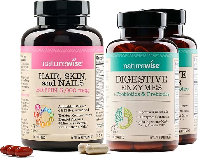 NatureWise [1] Hair Skin &amp Nails - Biotin + Multi Vitamin - 150 Softgels[50-Day Supply] + (Pack of 2) Digestive Enzymes + Probiotics &amp Prebiotics - 60 Capsules[30-Day Supply]