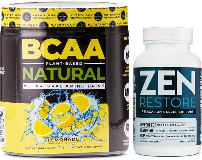 Nutrology Zen Natural Magnesium Supplement (30 Servings) &amp Nutrology BCAA Natural Plant Based BCAA Powder Lemonade Flavor (30 Servings)