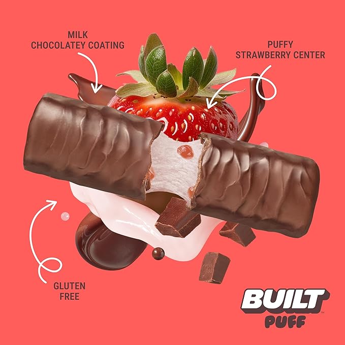 BUILT Bar Puff Protein Bars - Strawberries 'N Cream - 15g Protein Snack Bars with Collagen - Calorie Conscious &amp Gluten Free - 12 Count