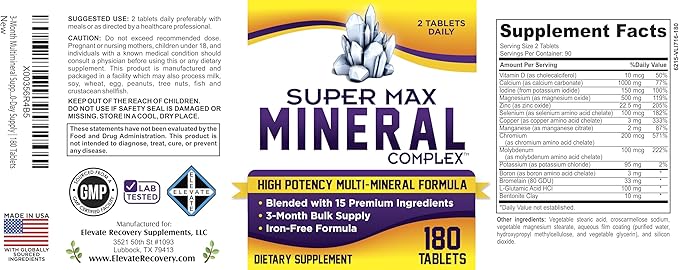 3-Month Multimineral Supplement Support Iron-Free Formula | Daily Multiminerals | Multi-Mineral Supplements | Minerals Complex | 90-Day Bulk Supply | 180 Tablets