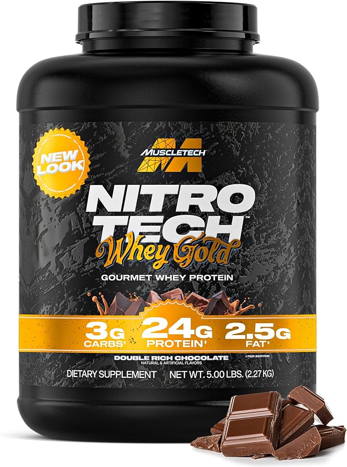 Muscletech Whey Protein Powder (Double Rich Chocolate 5LB) - Nitro-Tech Whey Protein Isolate Smoothie Mix for Lean Muscle &amp Recovery - 24g of Whey Gold Protein for Women &amp Men - Packaging May