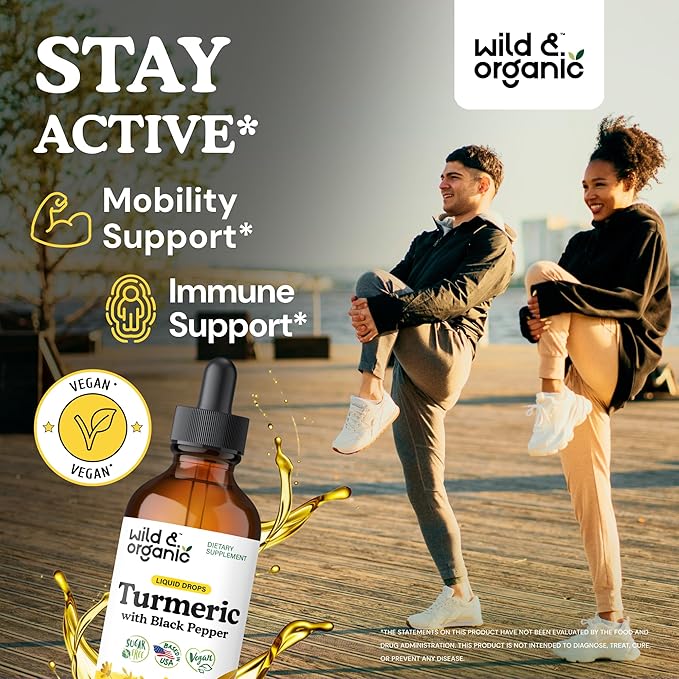 Wild &amp Organic Turmeric Supplement Liquid Drops - Movement &amp Immune Support - Liquid Turmeric with Black Pepper Extract - Add to Tea Tincture - Curcumin Supplements - Sugar &amp Alcohol-Free