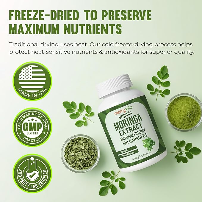 Moringa Capsules – Organic Moringa Oleifera Leaf Extract – Moringa Supplement – Maximum Potency Green Superfood – Immune &amp Antioxidant Support – Vegan Non-GMO – Made in USA – 180 Capsules