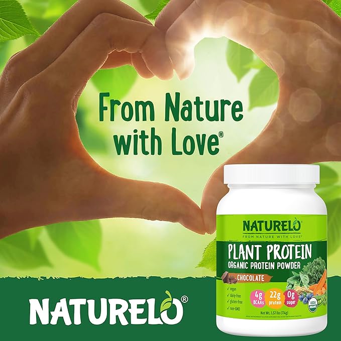 NATURELO Plant Protein Powder Chocolate 22g Protein - Non-GMO Vegan No Gluten Dairy or Soy - No Artificial Flavors Synthetic Coloring Preservatives or Additives - 20 Servings