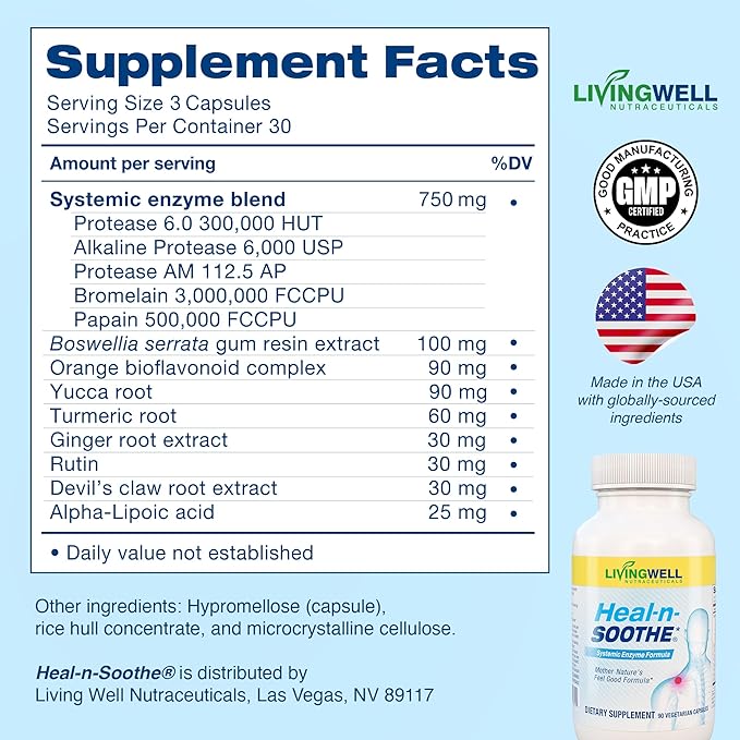 HEAL-N-SOOTHE Proteolytic Systemic Enzymes – Joint Supplement with Bromelain Papain Boswellia – Joint Mobility Muscle Flexibility Protein Digestion Circulatory &amp Immune Health - 90 Count (6 P