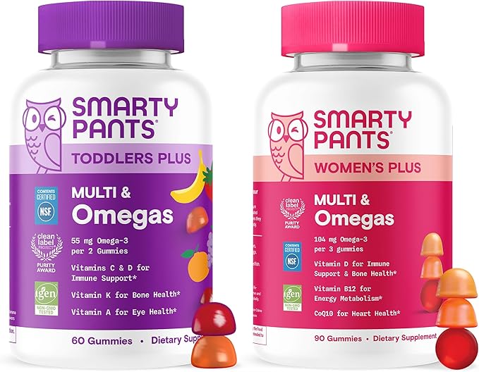 SmartyPants Mom &amp Toddler Daily Nutrition Bundle: Women’s + Toddler Multivitamin Gummies with Omega-3 DHA/EPA Vitamins D3 B12 A &amp Zinc – Gluten Free Non-GMO 90 &amp 60 Count (Pack of 2