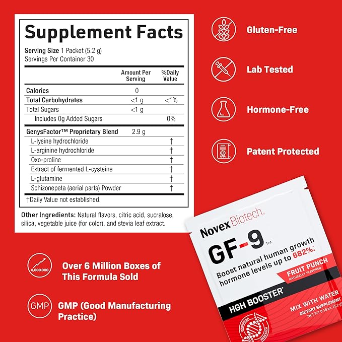 Novex Biotech GF-9 – HGH Boosting Supplement for Men – Workout Complex for Men – Supports Energy Endurance Sleep 30 Sachets Fruit Punch