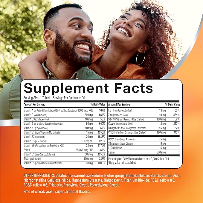 Basic Brands PowerAll Multivitamin &amp Mineral Supplement – Supports Immune Health Eye &amp Circulatory Health for Adults – High Potency Formula with Lutein L-Glutathione &amp Vitamin K 90 Cou