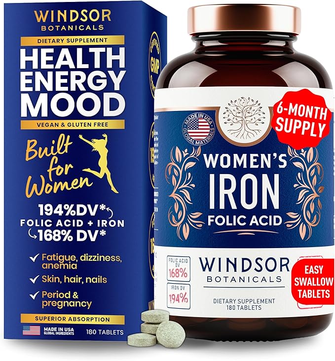 Iron and Folic Acid Supplements for Women - 35mg Gentle Iron Vitamin Folic Acid 400mcg - Anemia Period Pregnancy Support Supplement Ferrous Sulfate Pills - 180 Vegan Non-Constipating Tablets