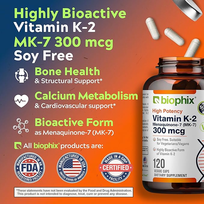 biophix Vitamin K2 MK-7 300mcg 120 Vegan Capsules – High-Potency Supplement for Bone Strength and Immune Health