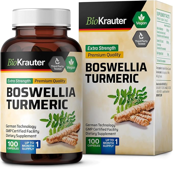 BIO KRAUTER® Turmeric Curcumin Supplement with Boswellia for Joint Support - Vegan Turmeric with Black Pepper &amp Boswellia Extract 100 Capsules 33 Days of Supply Non-GMO - Natural Digestive Suppo